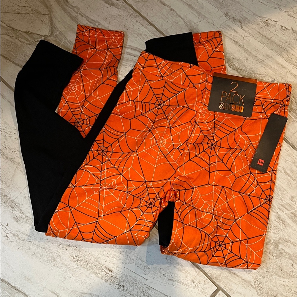 Shosho Orange and Black Spiderweb Leggings - 2 Pack
